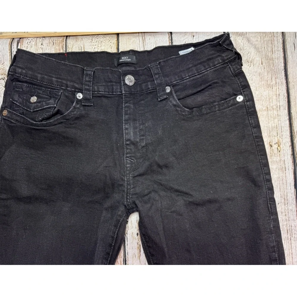 True Religion Ricky‎ Relaxed Straight Black Button Flap Pocket Jeans 36x32